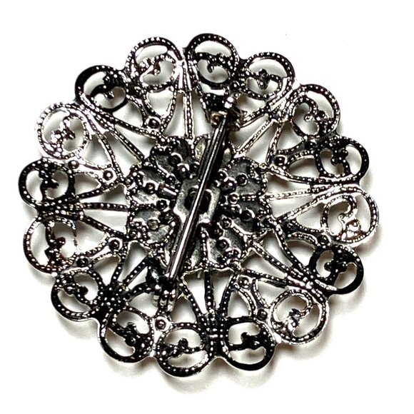Filigree Brooch 1.7 in Pin Jewelry Silvertone Rhinestones - Picture 5 of 9